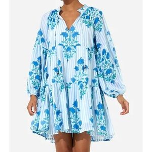 Oliphant Tuckernuck Jaipur Blue Stripe Balloon Sleeve Mini Dress L